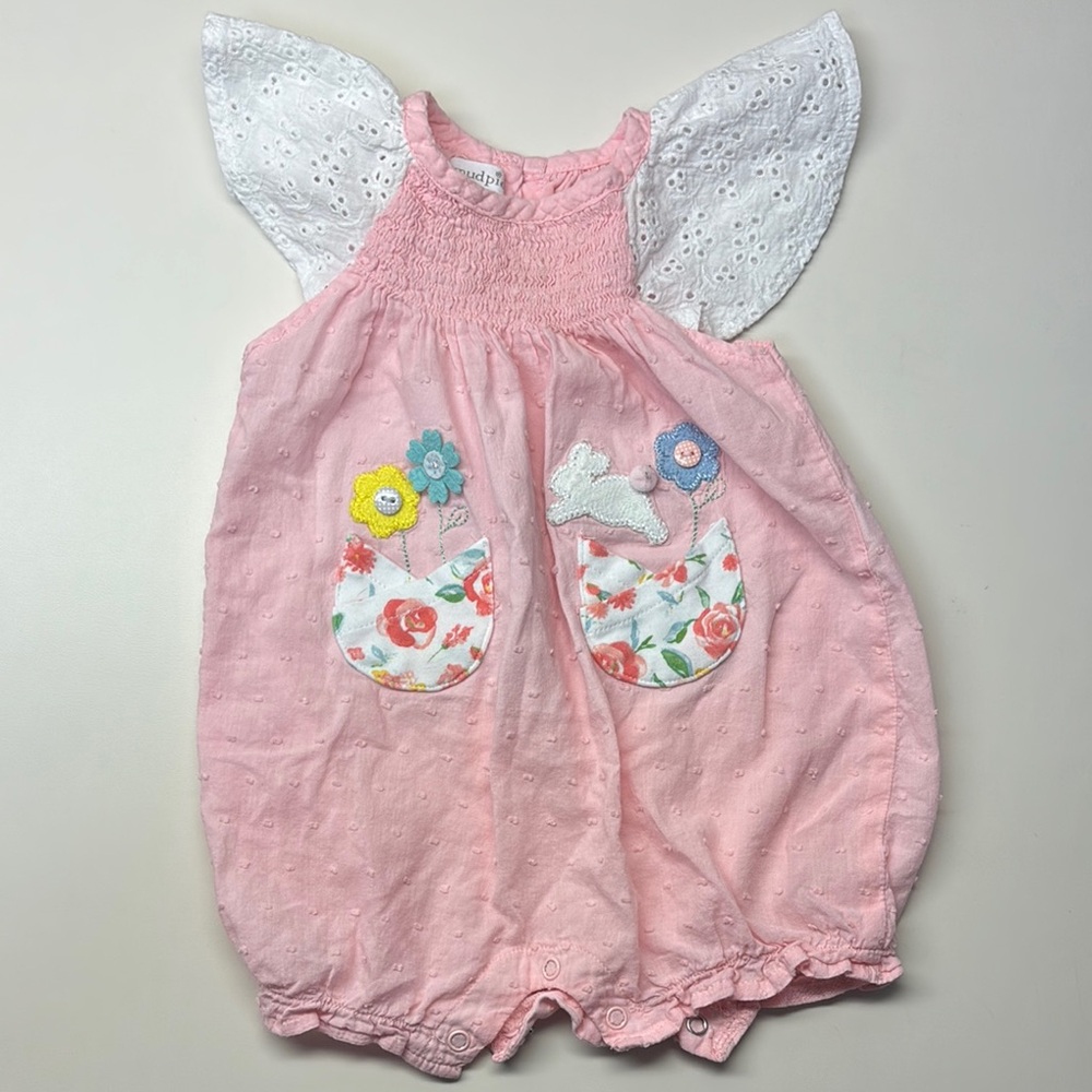 Mud Pie Pink Baby Romper with Floral Pockets and Bunny- 6-9 Month